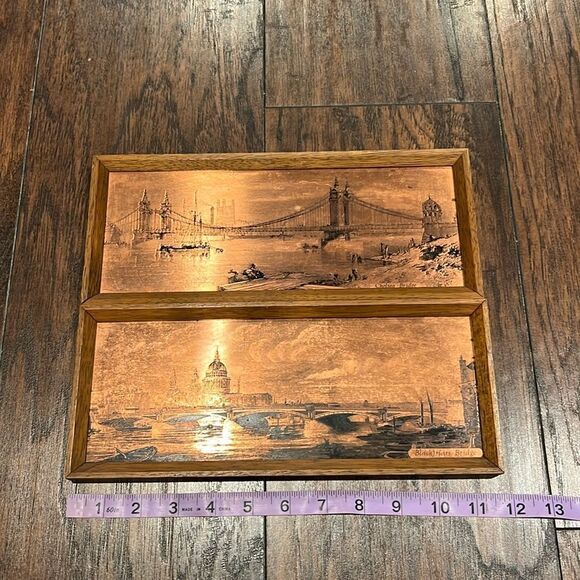 VTG copper etched art work Chelsea Bridge and Blackfriars Bridge in wood frame - Picture 1 of 6